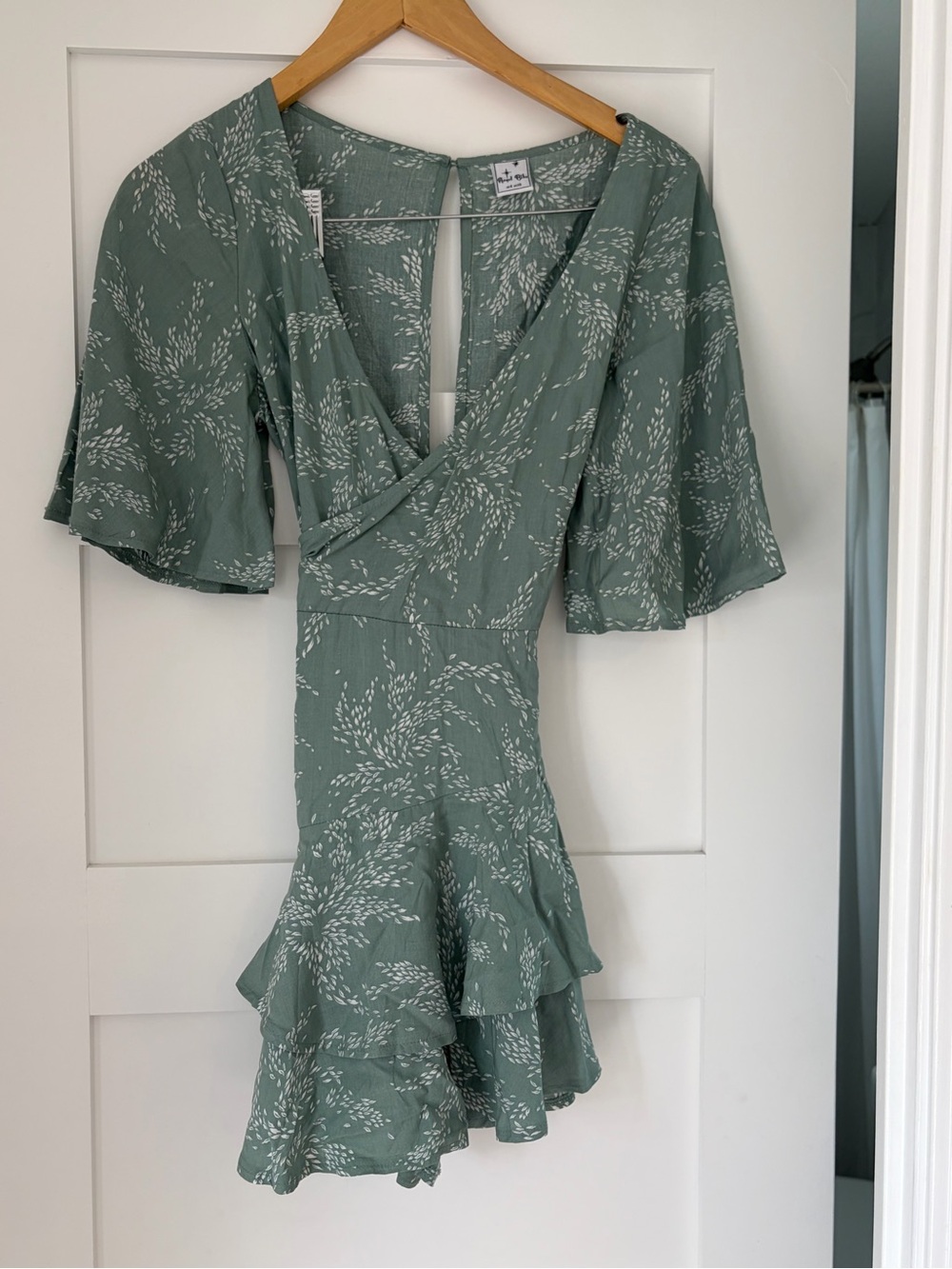 Sage Green Floral Wrap Mini Dress with Ruffle Hem